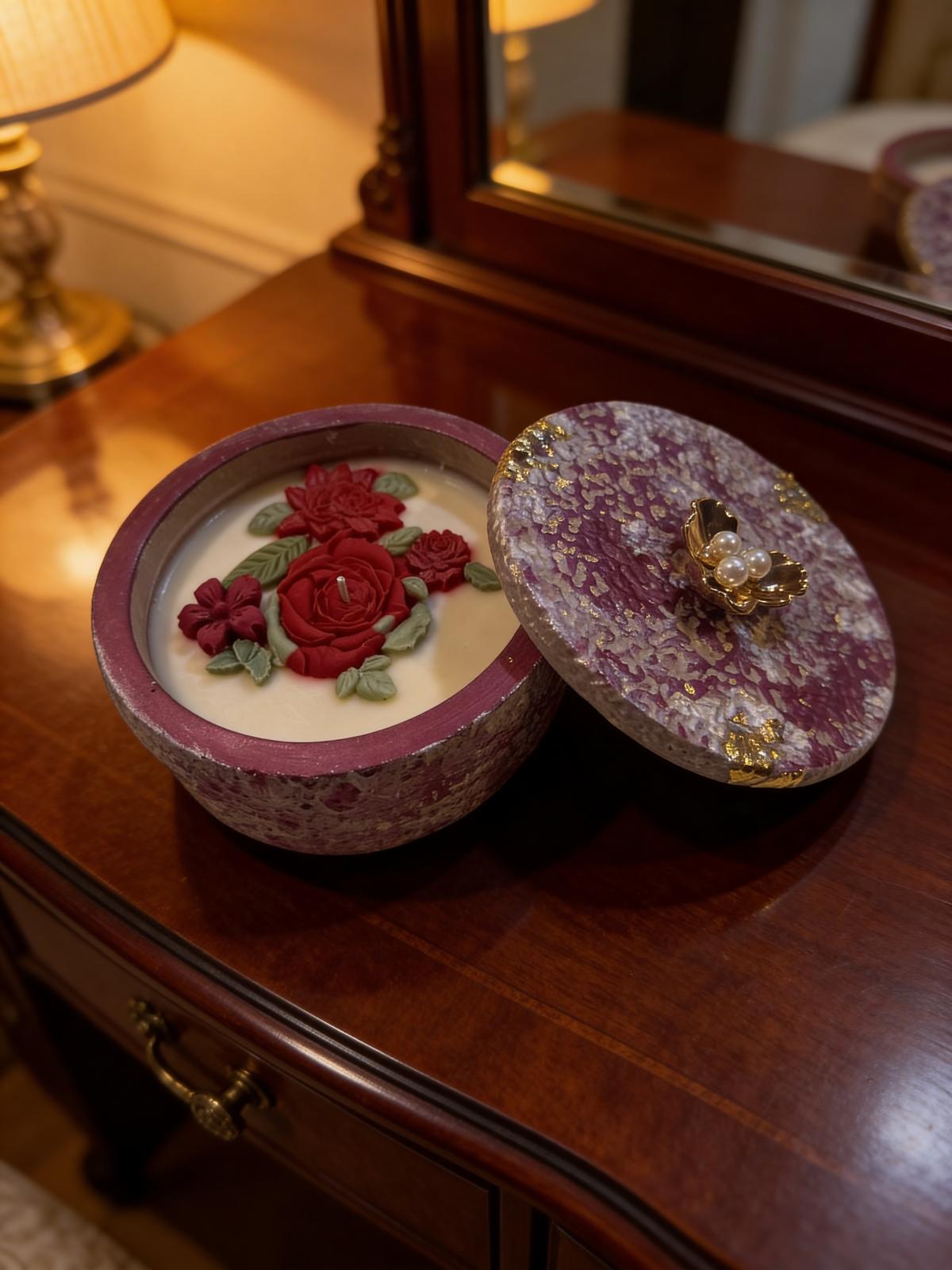 Lidded Rose Artisan Candle with Decorative Lid