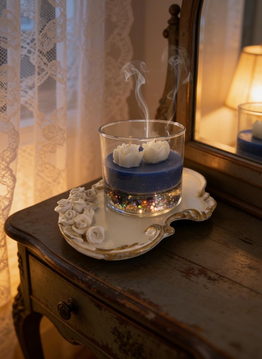 Blue Layered Floral Glass Candle