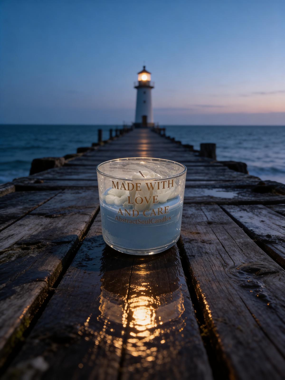 Coastal Blue Glass Candle with Floral Accents