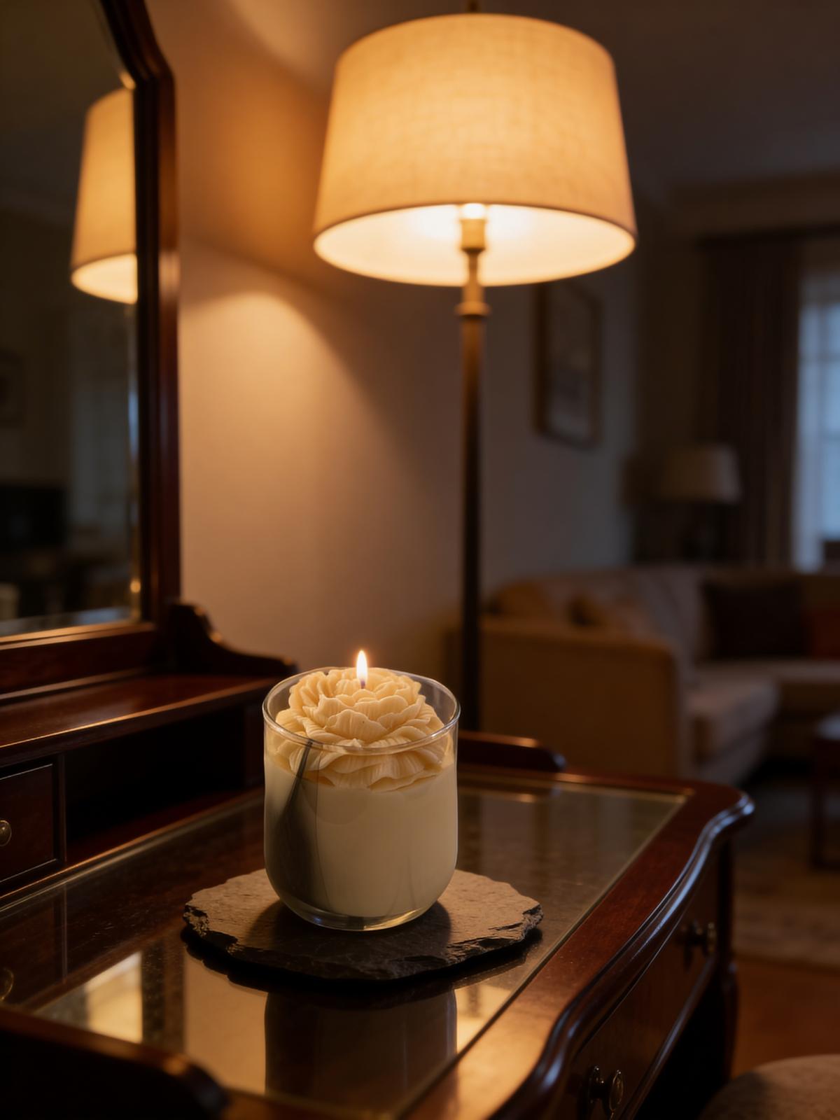 Cream Floral Sculpted Candle in Glass