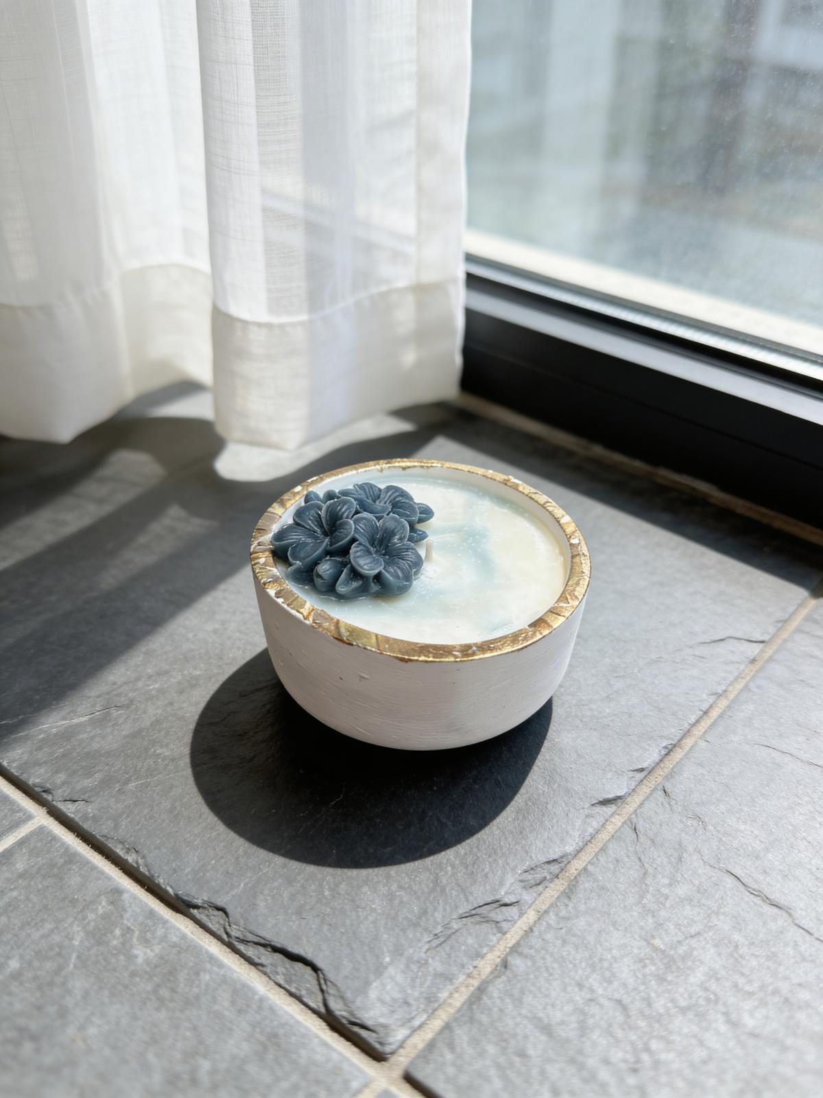 Blue Floral Decorative Bowl Candle with Gold Rim