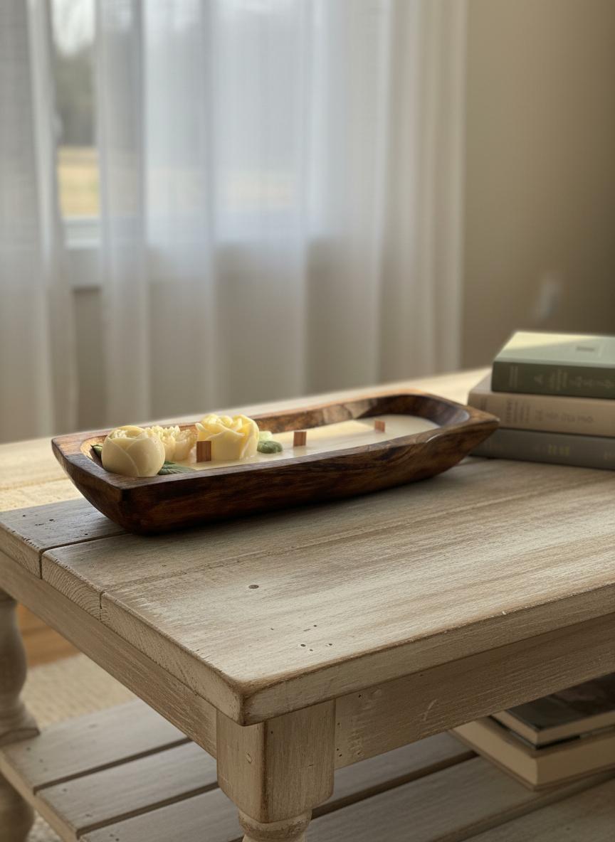 Rustic Wooden Tray Multi-Wick Floral Candle