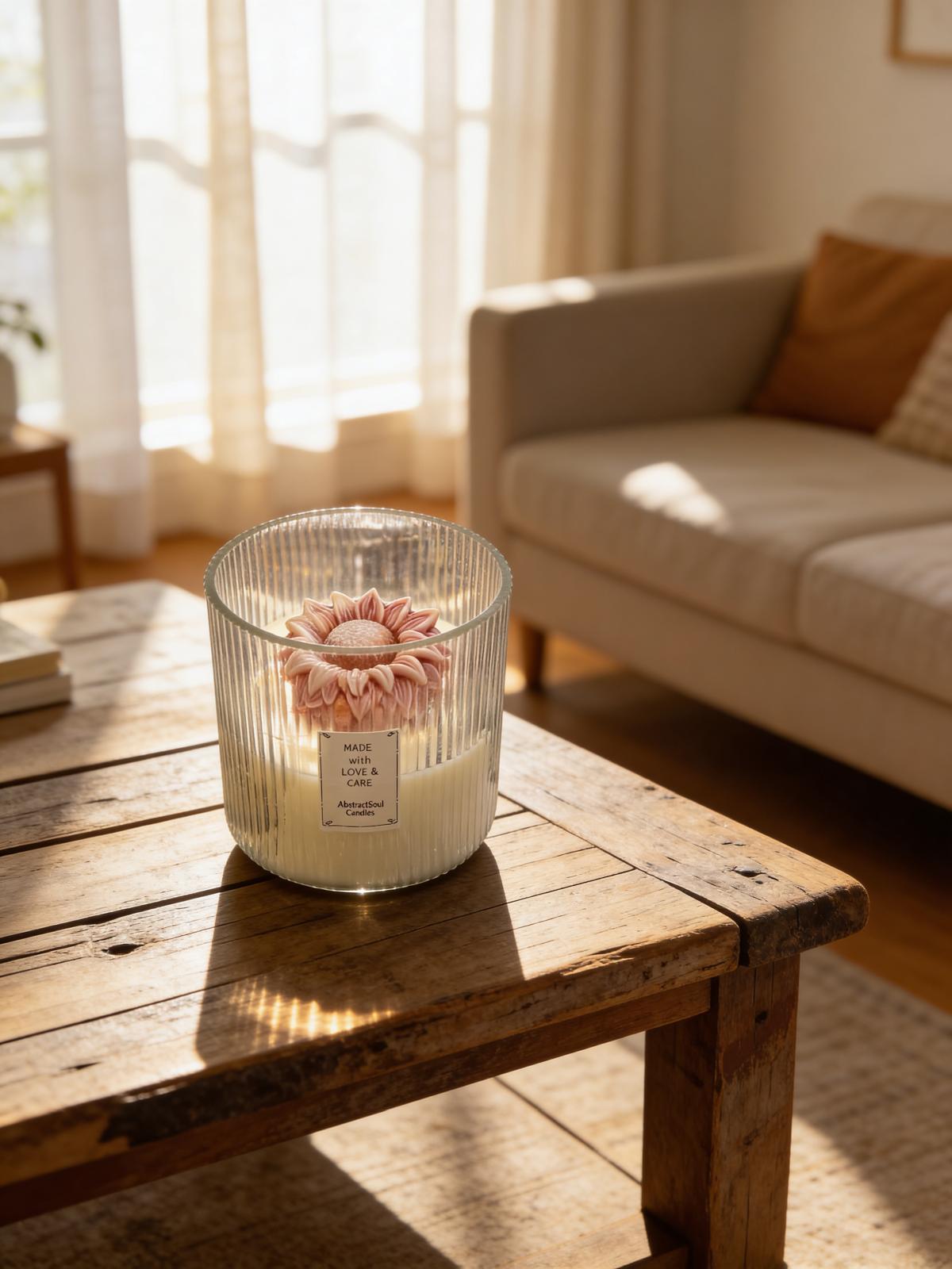Ribbed Glass Pink Bloom Candle